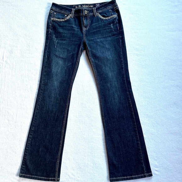 LA IDOL Y2K BOOTCUT BLING FLAP POCKET DISTRESSED RODEO FESTIVAL JEANS Sz11 33/34 - Picture 2 of 12